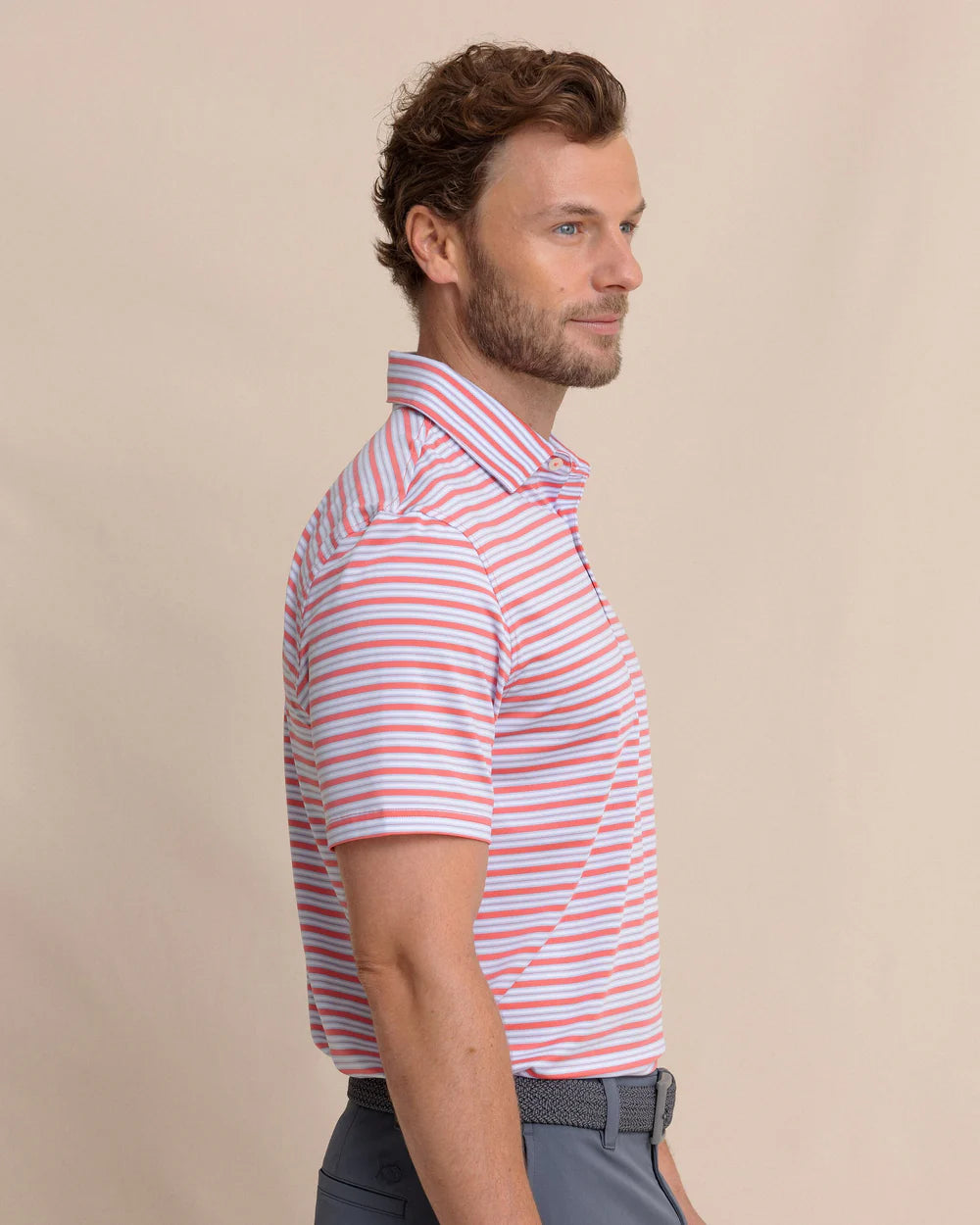 Southern Tide Driver Ocean Hill Stripe Polo: Sunkist Coral