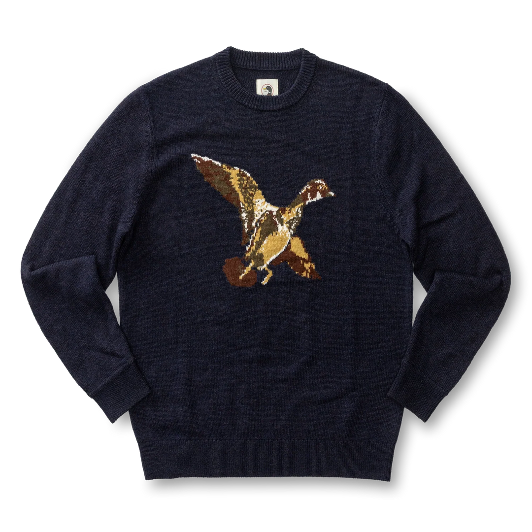 Duck Head Flying Wood Duck Merino Intarsia Crewneck Sweater: Deep Navy Heather