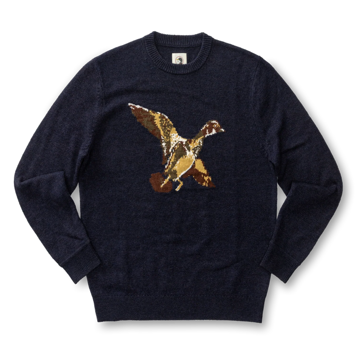 Duck Head Flying Wood Duck Merino Intarsia Crewneck Sweater: Deep Navy Heather
