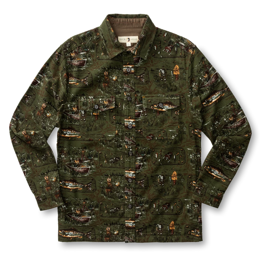 Duck Head Slater Moleskin Overshirt Fisherman Print: Dark Forest Green