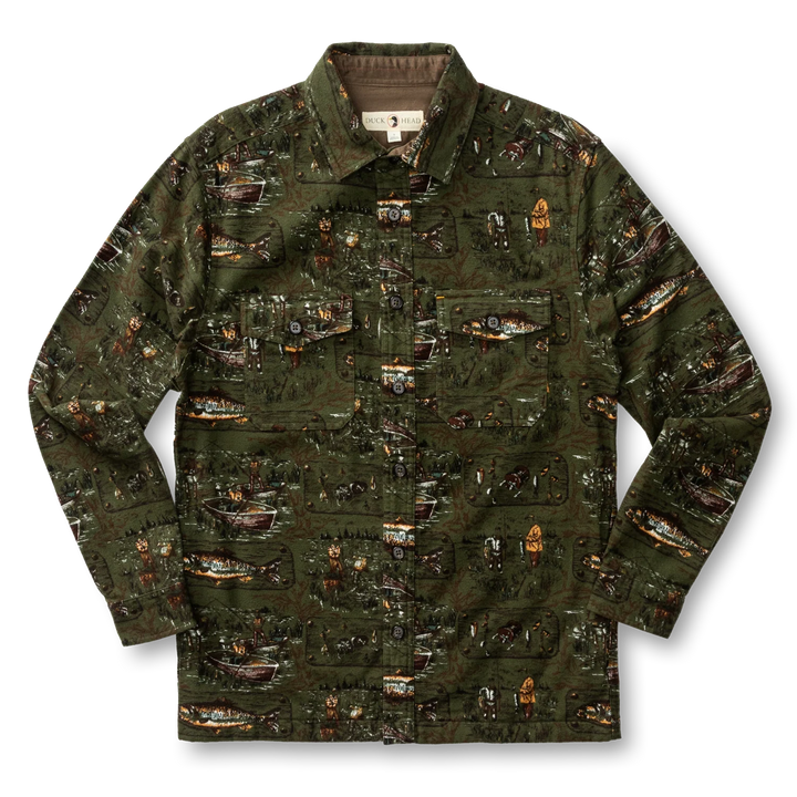 Duck Head Slater Moleskin Overshirt Fisherman Print: Dark Forest Green