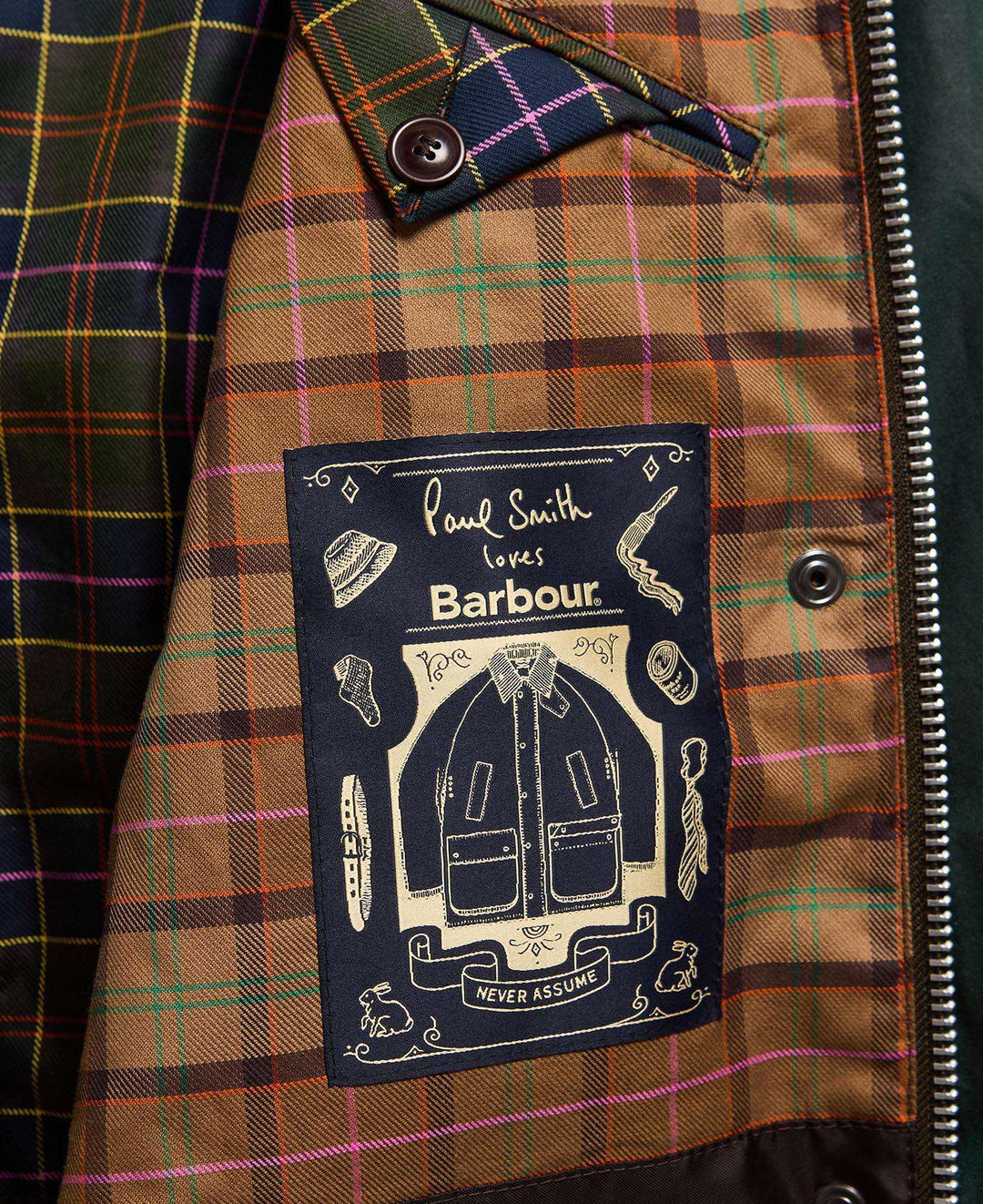 Barbour x Paul Smith Women's Long Spey Wax Jacket: Bottle Green Heraldry Print