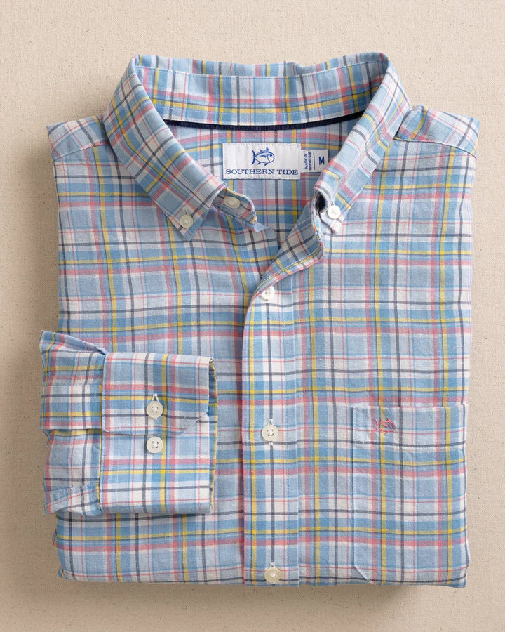 Southern Tide Emerald Shores Plaid Headland Long Sleeve Sport Shirt: Cerulean