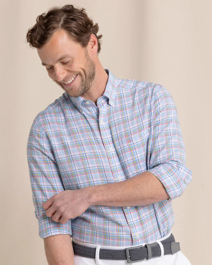 Southern Tide Emerald Shores Plaid Headland Long Sleeve Sport Shirt: Cerulean