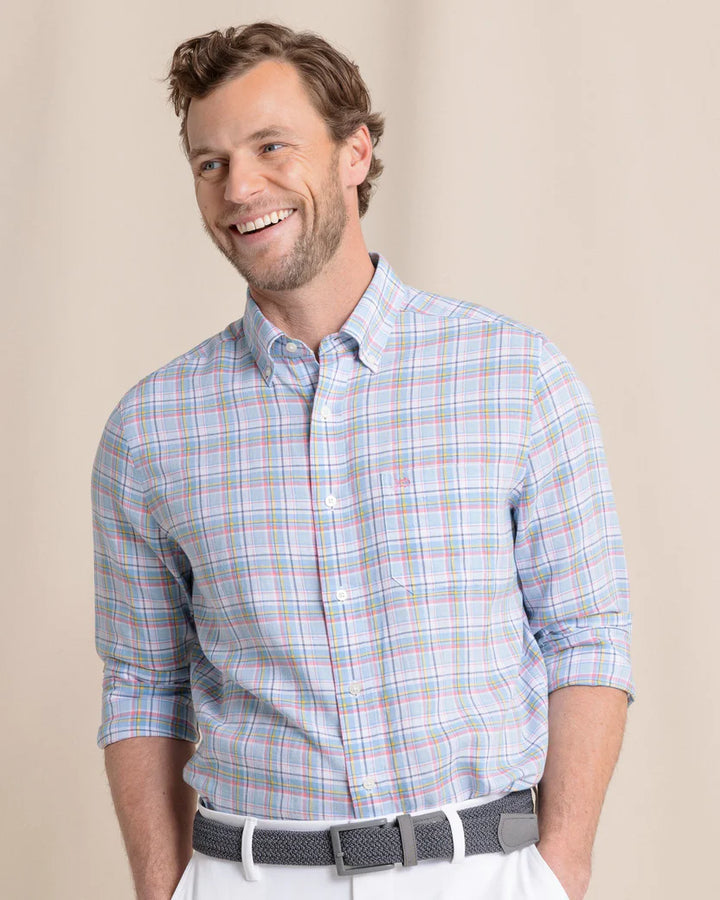 Southern Tide Emerald Shores Plaid Headland Long Sleeve Sport Shirt: Cerulean