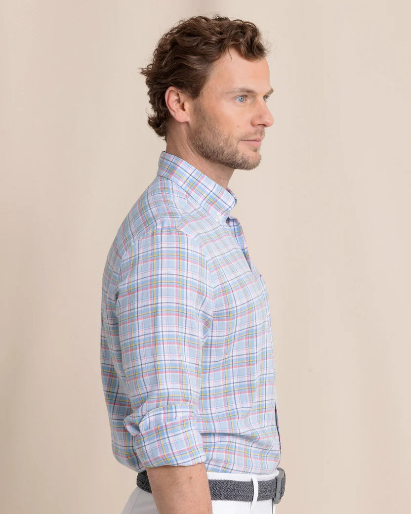Southern Tide Emerald Shores Plaid Headland Long Sleeve Sport Shirt: Cerulean