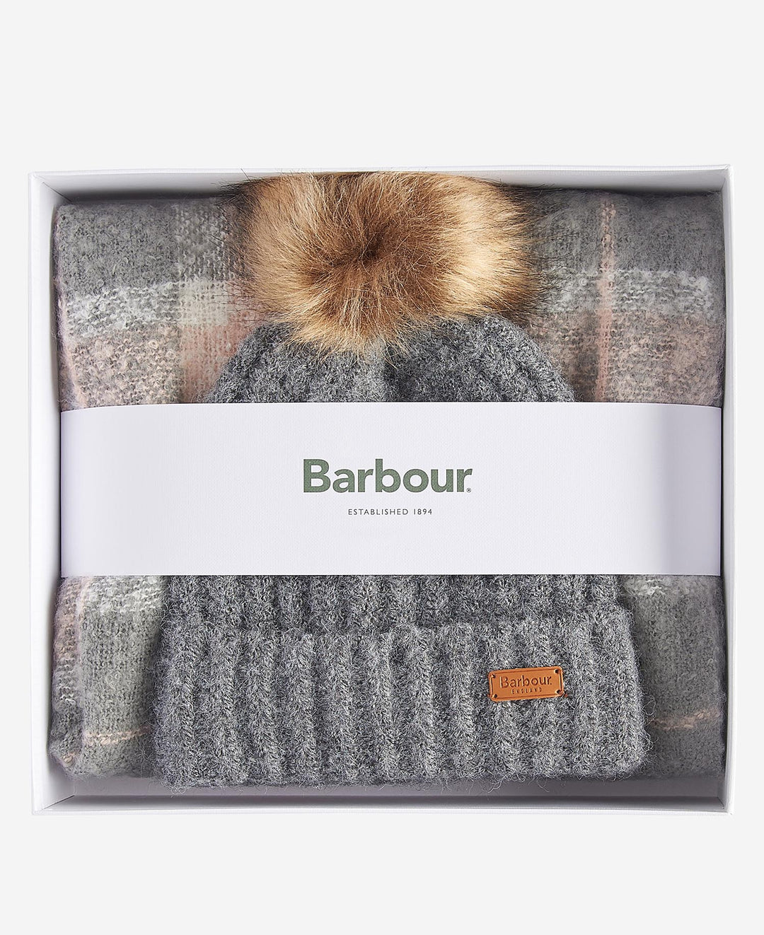 Barbour Saltburn Beanie & Tartan Scarf Gift Set: Grey Rose