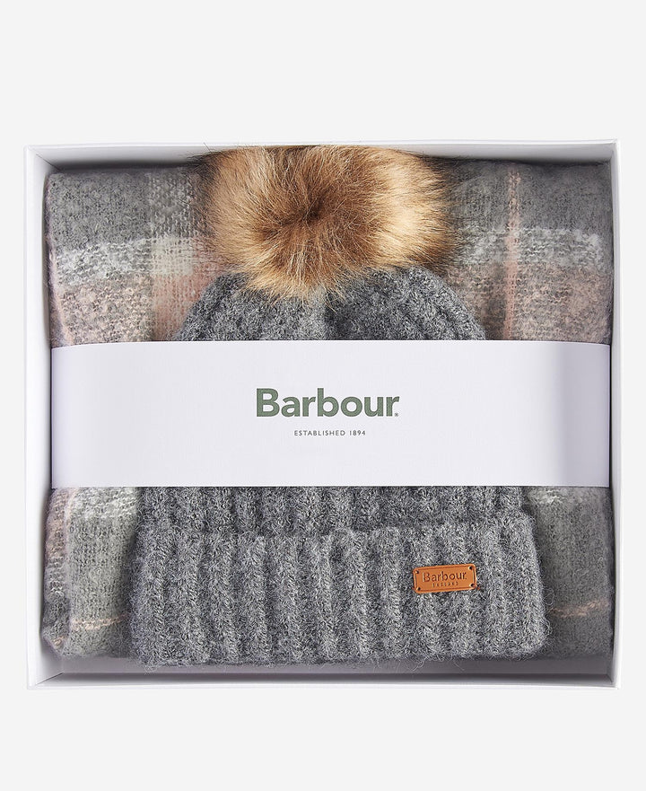 Barbour Saltburn Beanie & Tartan Scarf Gift Set: Grey Rose