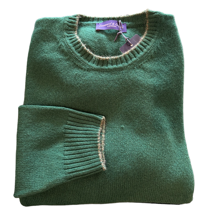 Seaward and Stearn Merino Wool Crew Neck in Green with Tan  Trim