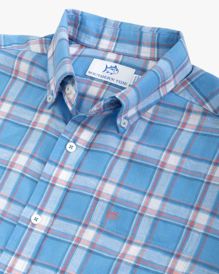 Southern Tide Headland Bayfront Plaid Long Sleeve Button Down Sport Shirt: Boat Blue