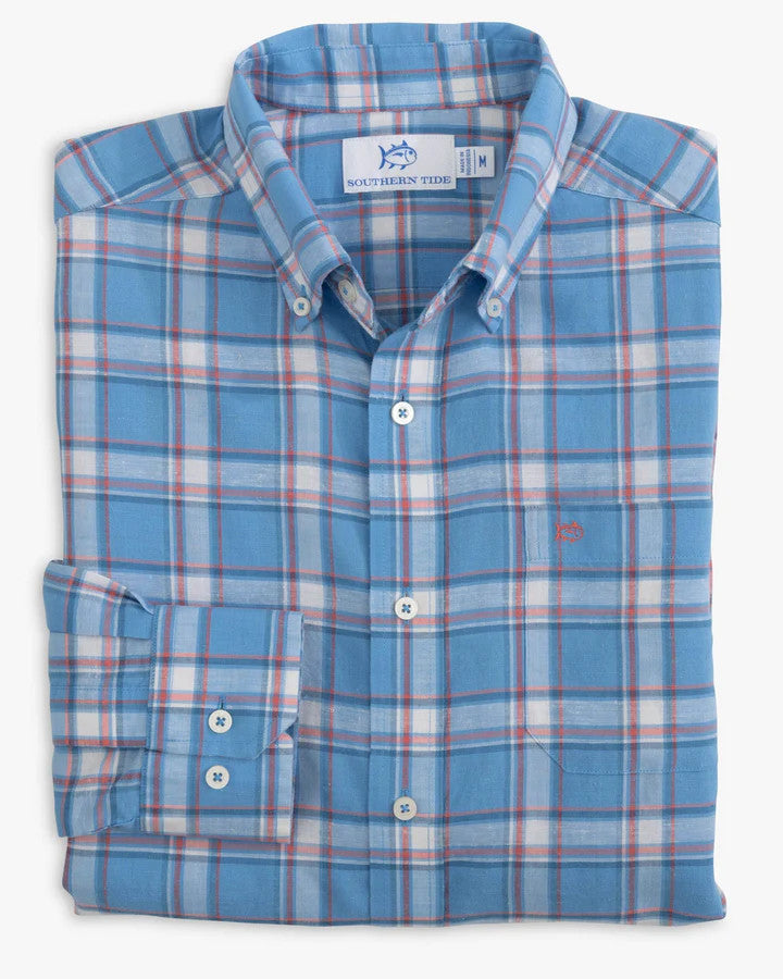 Southern Tide Headland Bayfront Plaid Long Sleeve Button Down Sport Shirt: Boat Blue