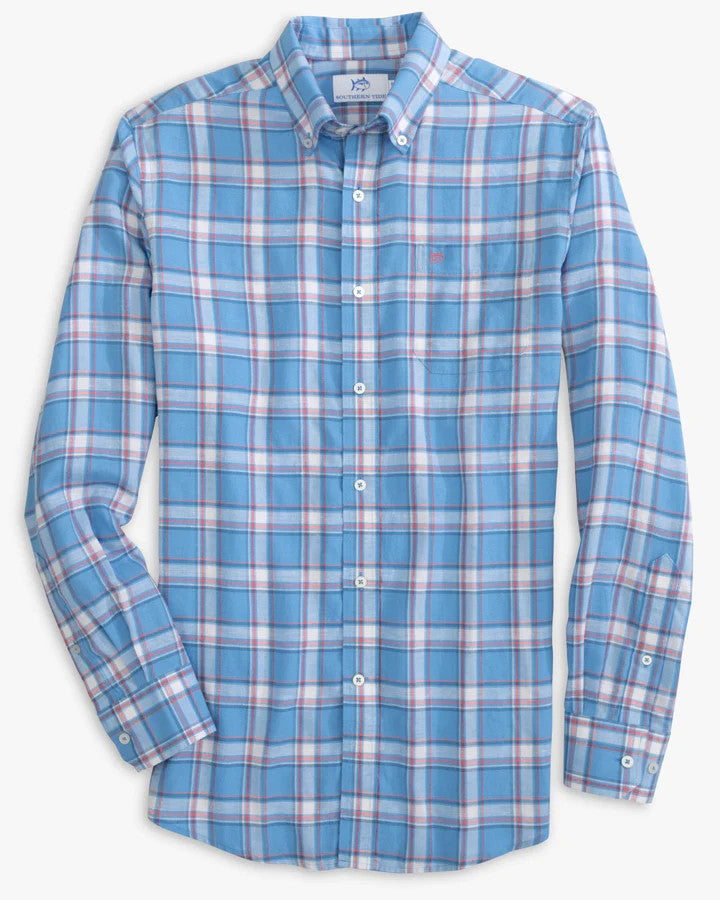 Southern Tide Headland Bayfront Plaid Long Sleeve Button Down Sport Shirt: Boat Blue