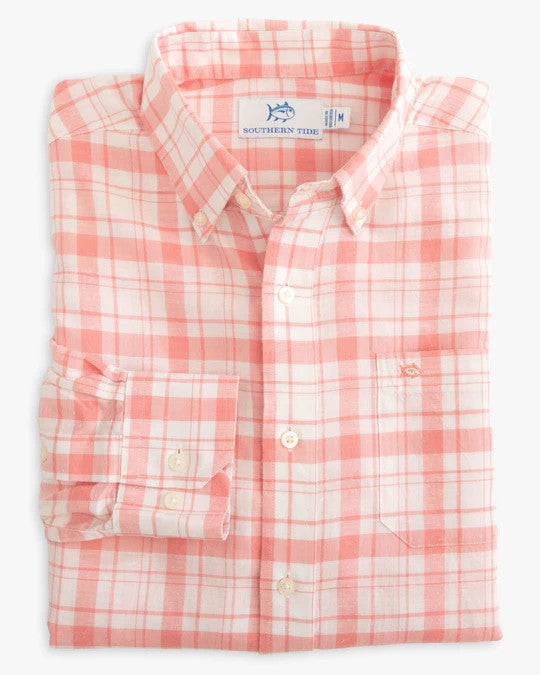 Southern Tide Headland Moultrie Plaid Long Sleeve Sport Shirt: Flamingo Pink