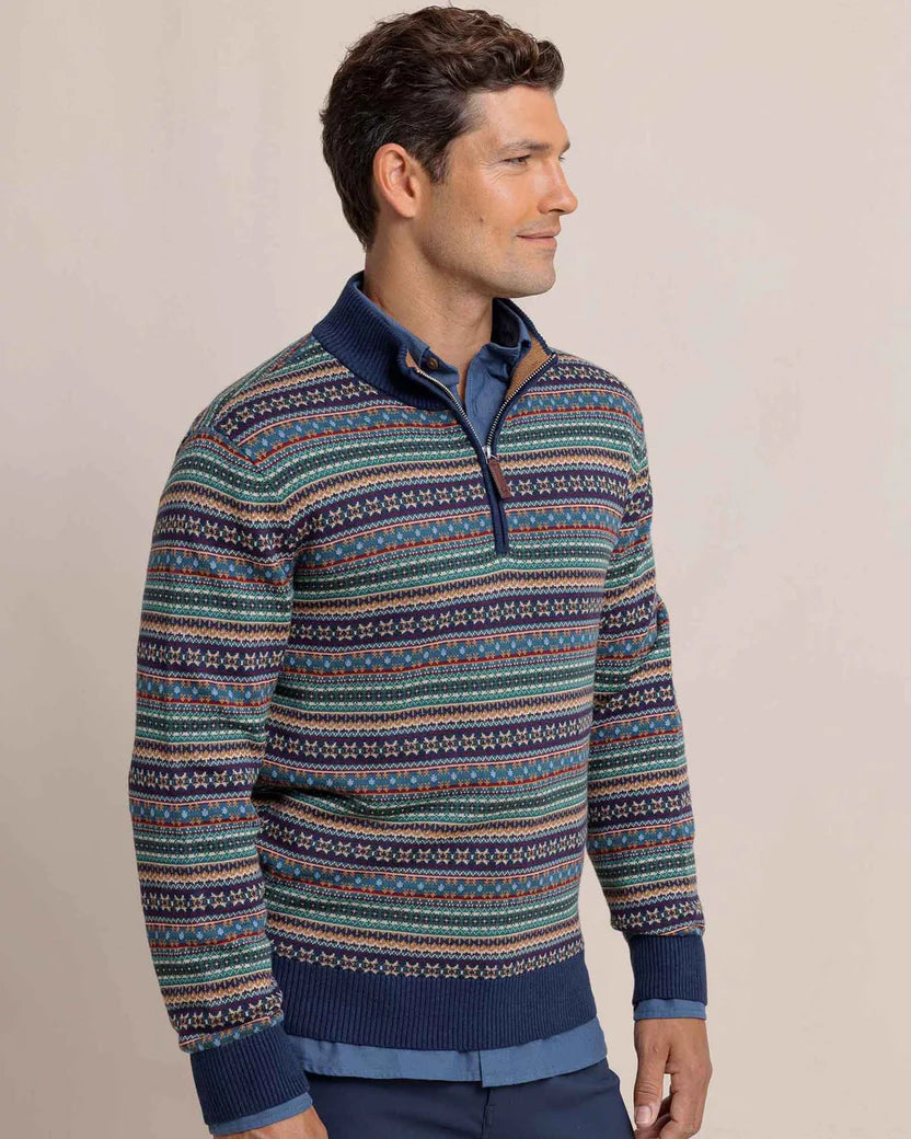 Southern Tide Heather Fair Isle Quarter Zip Sweater: Heather Dress Blue