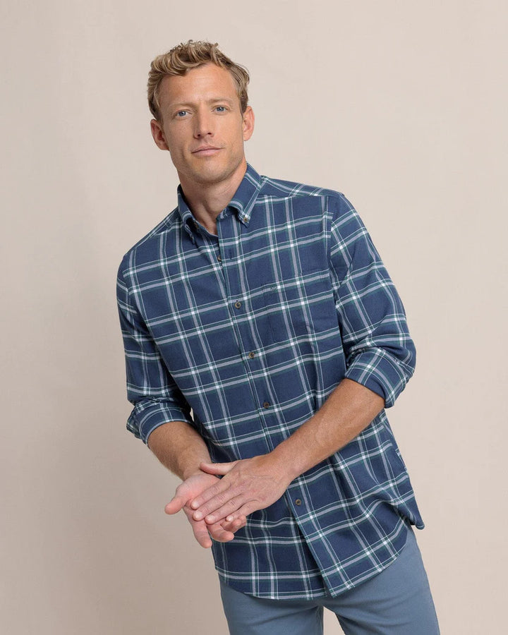 Southern Tide Heron Plaid Flannel Intercoastal Long Sleeve Sport Shirt: Dress Blue