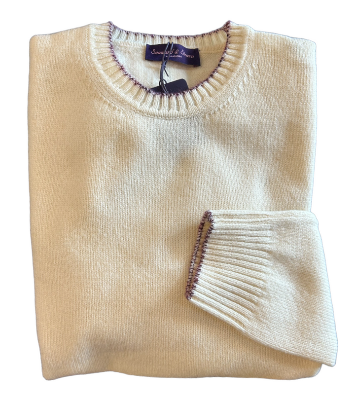 Seaward and Stearn Merino Wool Crew Neck in Ivory with Plum Trim