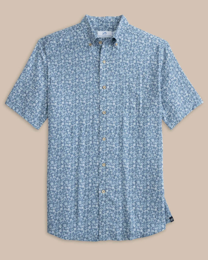Southern Tide Linen Rayon Ditzy Floral Short Sleeve Sport Shirt: Coronet Blue