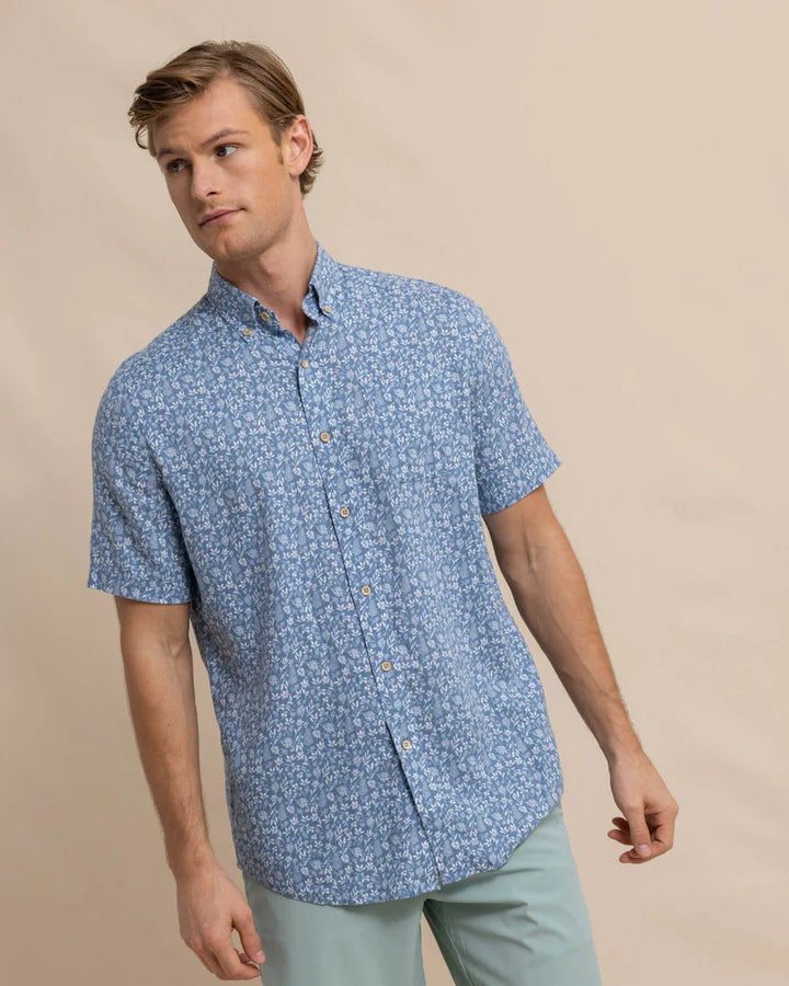 Southern Tide Linen Rayon Ditzy Floral Short Sleeve Sport Shirt: Coronet Blue