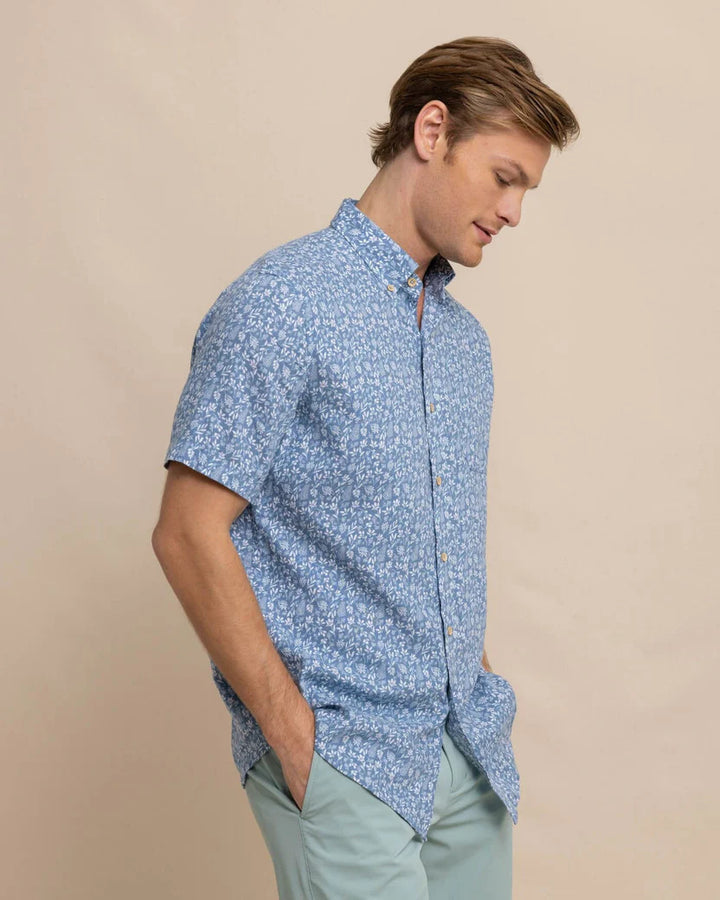 Southern Tide Linen Rayon Ditzy Floral Short Sleeve Sport Shirt: Coronet Blue