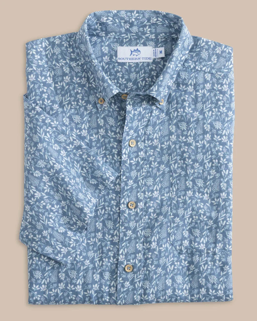 Southern Tide Linen Rayon Ditzy Floral Short Sleeve Sport Shirt: Coronet Blue