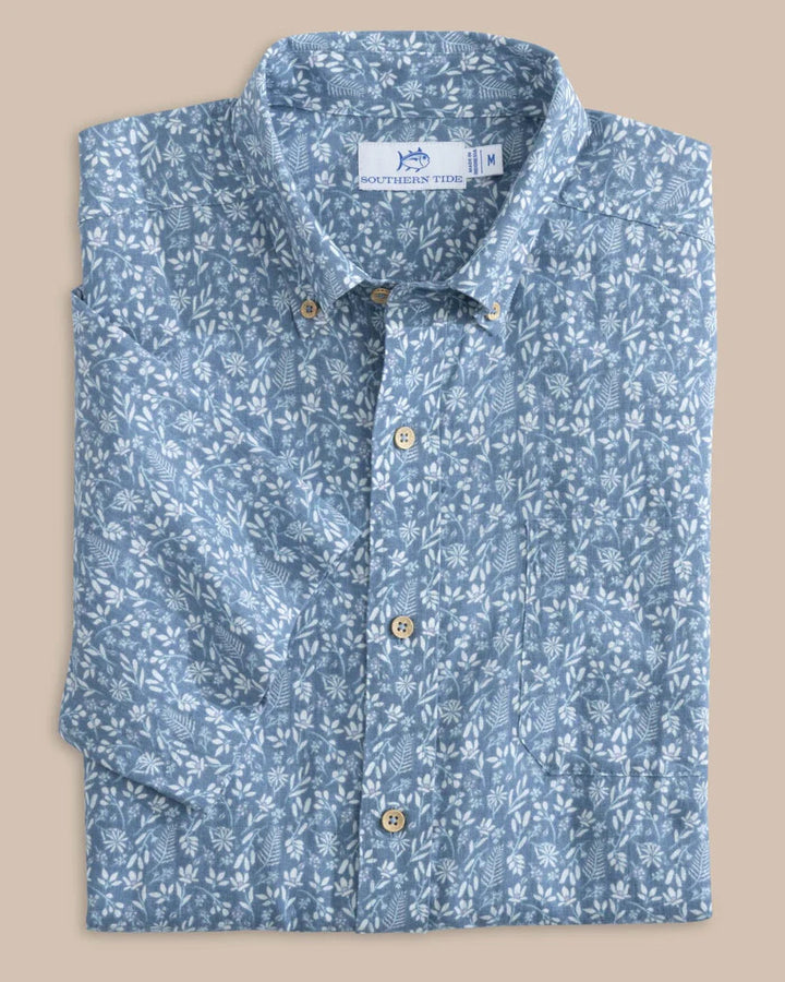 Southern Tide Linen Rayon Ditzy Floral Short Sleeve Sport Shirt: Coronet Blue
