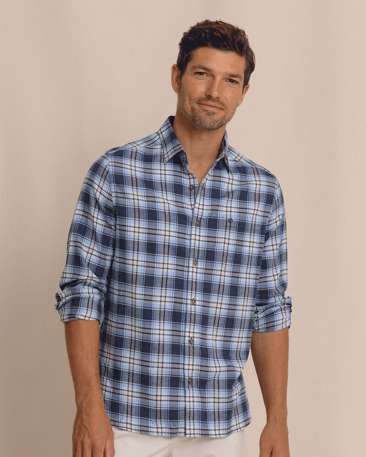 Southern Tide Ashborough Plaid Brushed Twill Heather Sportshirt: Heather Dress Blue
