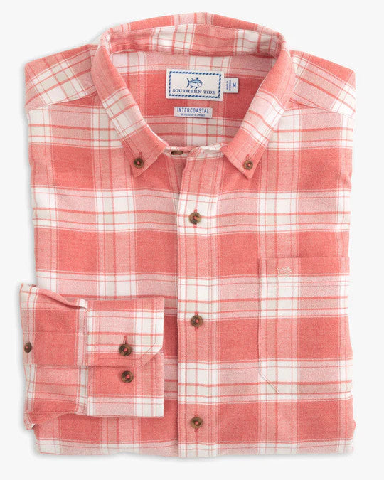 Southern Tide Milton Plaid Intercoastal Flannel Sport Shirt: Heather Mineral Red