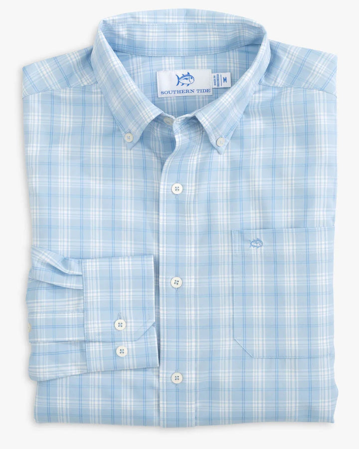 Southern Tide Muscogee Plaid Intercoastal Long Sleeve Sport Shirt: Clearwater Blue