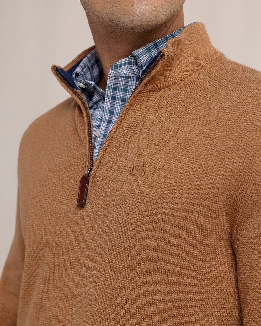 Southern Tide Oakatie Heather Quarter Zip Sweater: Heather Hazelnut Khaki