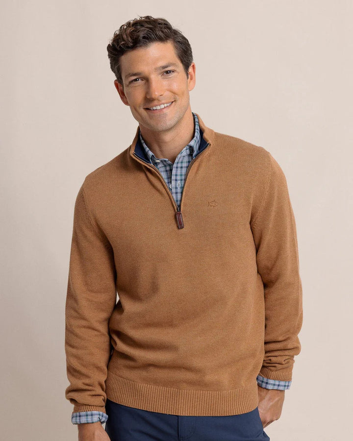 Southern Tide Oakatie Heather Quarter Zip Sweater: Heather Hazelnut Khaki