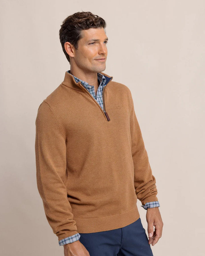 Southern Tide Oakatie Heather Quarter Zip Sweater: Heather Hazelnut Khaki