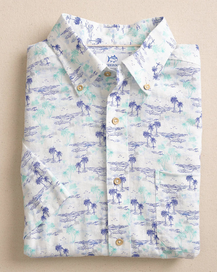 Southern Tide Linen Blend Ocean Getaway Sportshirt: Clasic White
