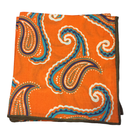 Seaward and Stearn Large Orange Paisley Pocket Square