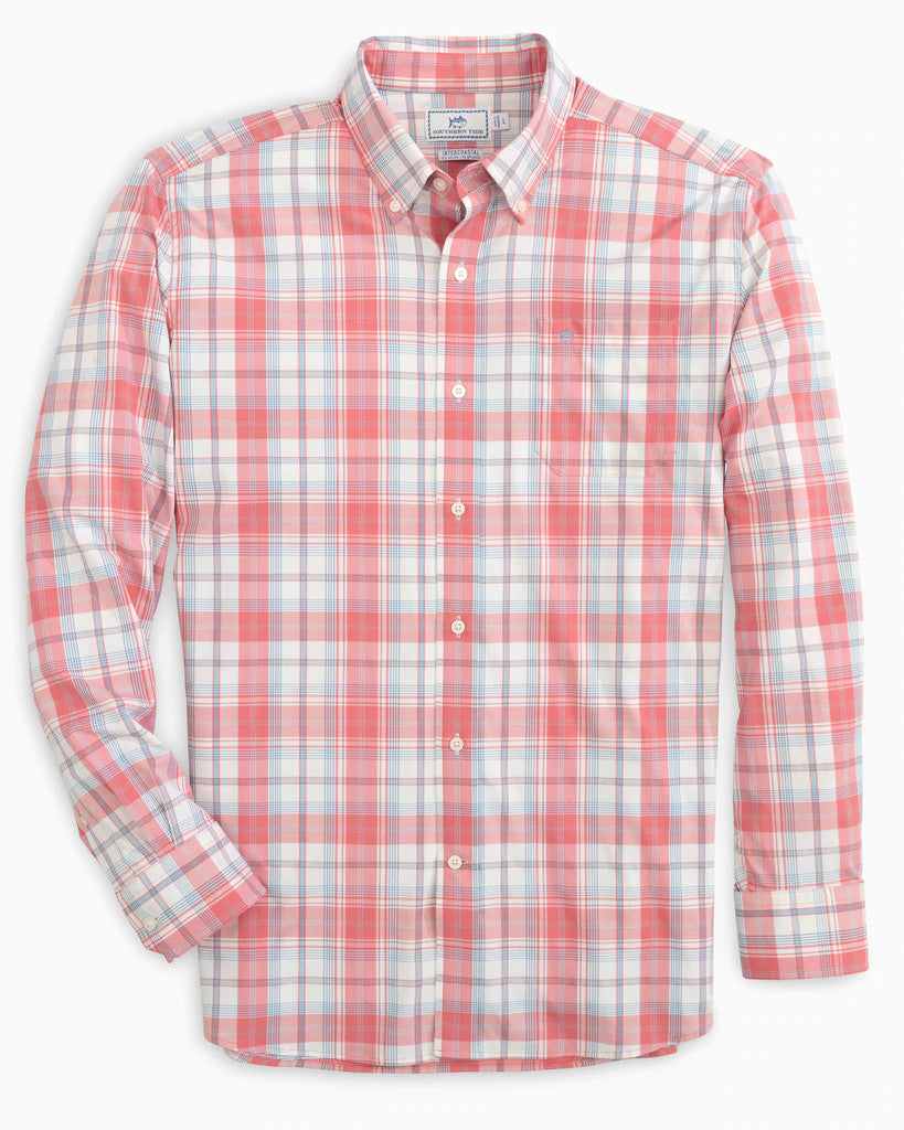 Southern Tide Ormond Plaid Intercoastal Performance Sport Shirt: Rouge Red