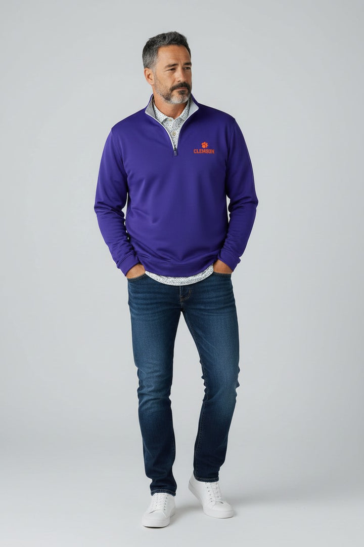 Peter Millar Clemson Text Perth Performance 1/4 Zip: Purple
