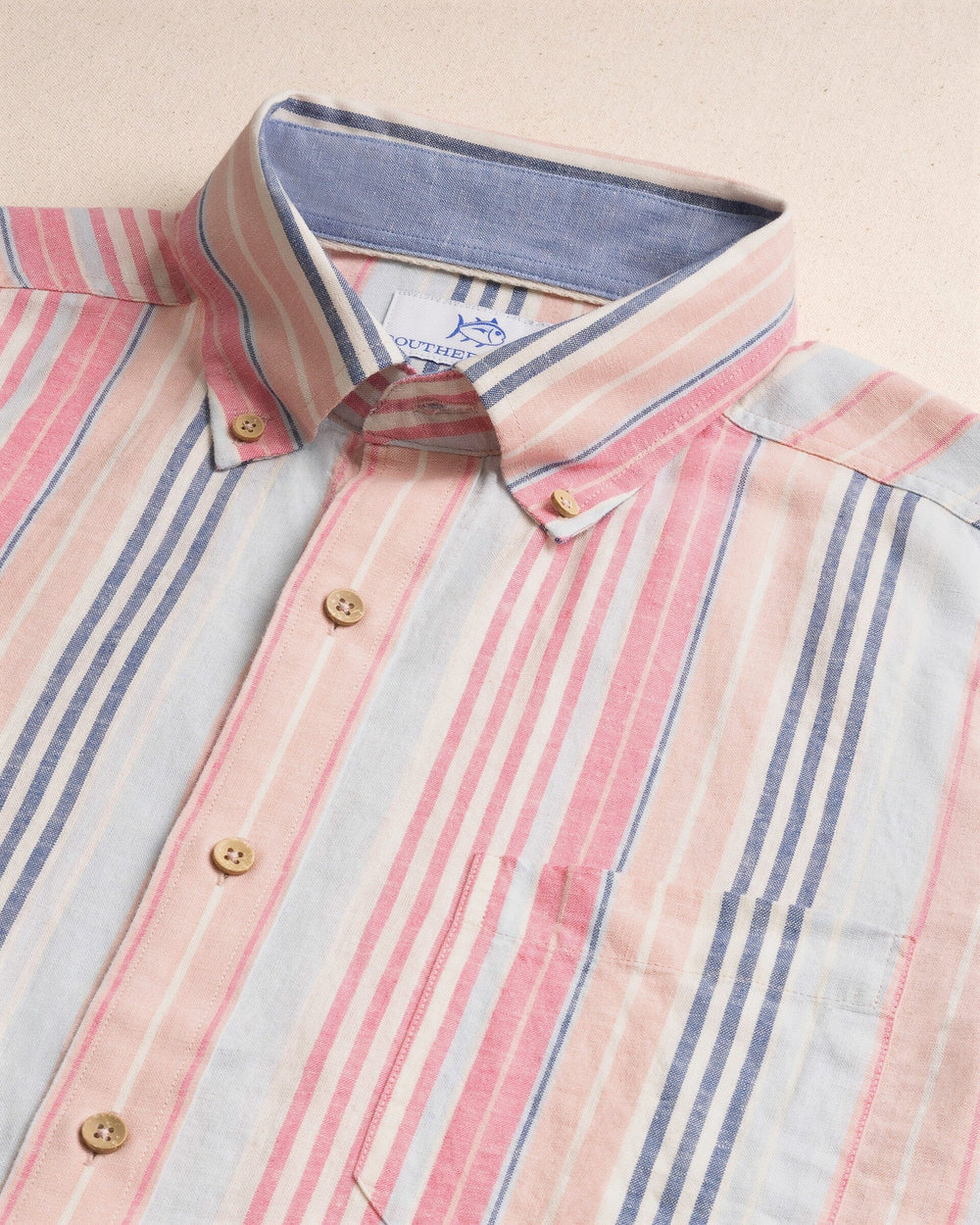Southern Tide Sea Voyage Stripe Linen Rayon Short Sleeve Sport Shirt: Peaches N' Cream