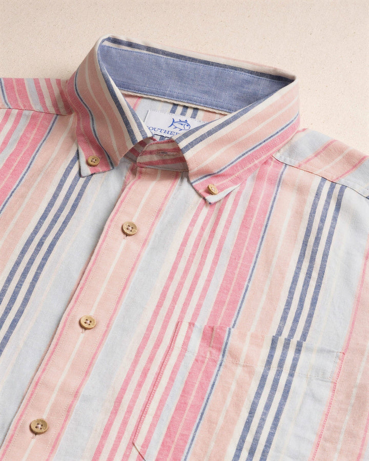 Southern Tide Sea Voyage Stripe Linen Rayon Short Sleeve Sport Shirt: Peaches N' Cream