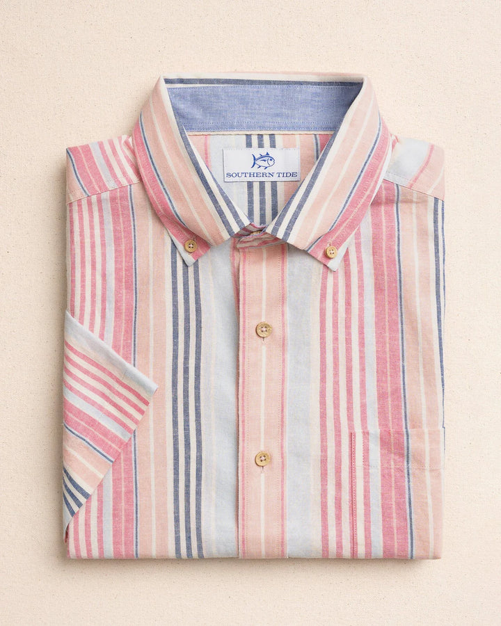 Southern Tide Sea Voyage Stripe Linen Rayon Short Sleeve Sport Shirt: Peaches N' Cream