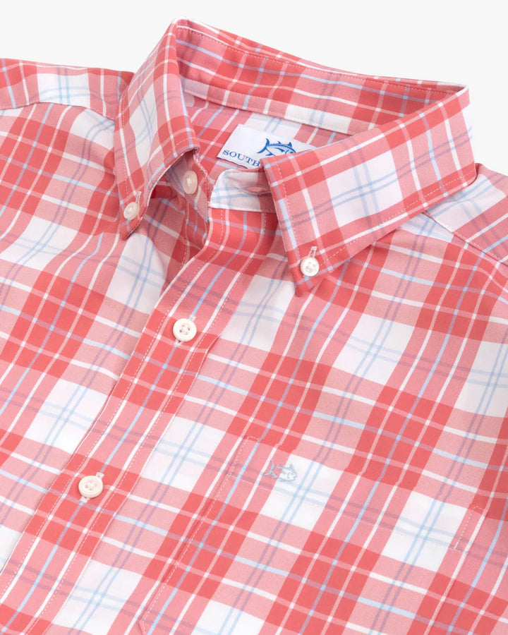 Southern Tide Seaglade Plaid Heather Intercoastal Long Sleeve Button Down Sport Shirt: Rosewood Red