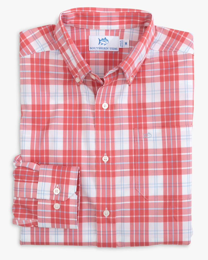 Southern Tide Seaglade Plaid Heather Intercoastal Long Sleeve Button Down Sport Shirt: Rosewood Red