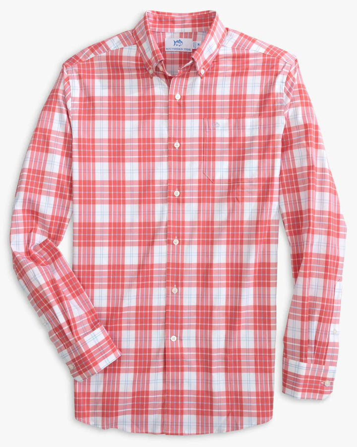 Southern Tide Seaglade Plaid Heather Intercoastal Long Sleeve Button Down Sport Shirt: Rosewood Red