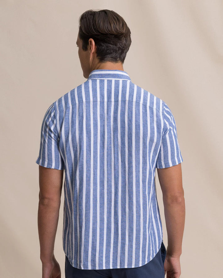 Southern Tide Seamark Stripe Linen Rayon Short Sleeve Sport Shirt: Nautical Blue
