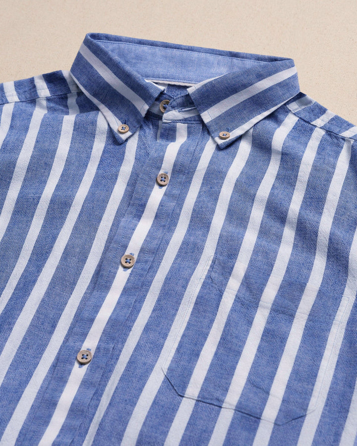 Southern Tide Seamark Stripe Linen Rayon Short Sleeve Sport Shirt: Nautical Blue