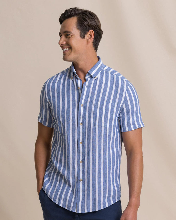 Southern Tide Seamark Stripe Linen Rayon Short Sleeve Sport Shirt: Nautical Blue