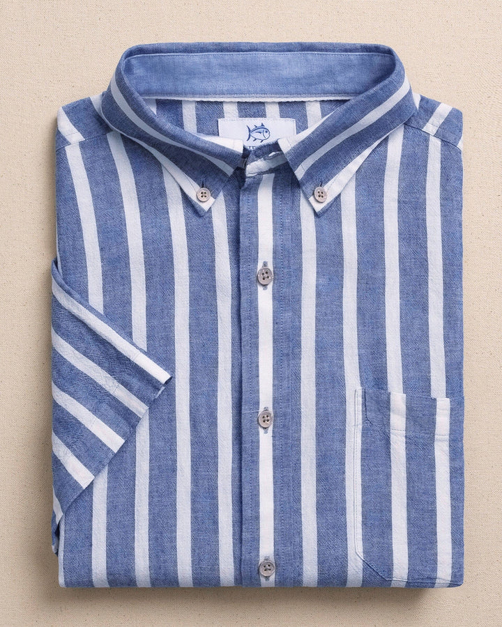Southern Tide Seamark Stripe Linen Rayon Short Sleeve Sport Shirt: Nautical Blue