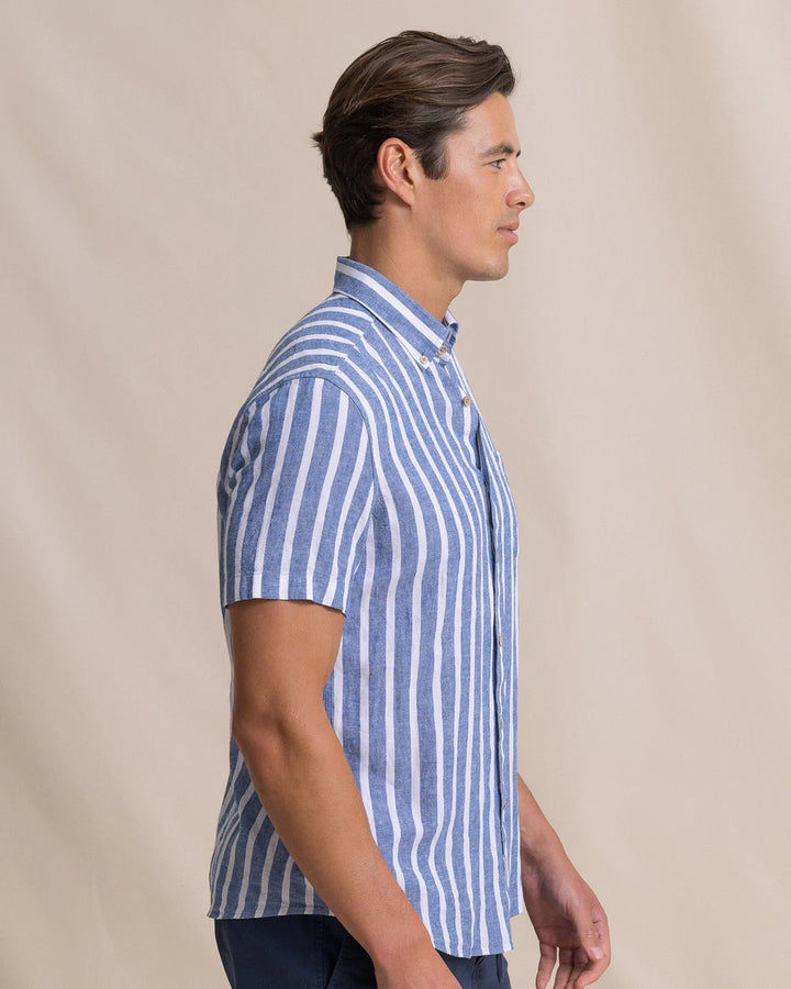 Southern Tide Seamark Stripe Linen Rayon Short Sleeve Sport Shirt: Nautical Blue