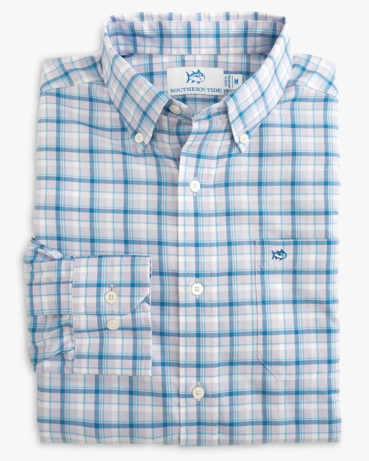 Southern Tide Skipjack Palermo Plaid Long Sleeve Sport Shirt: Orchid Petal