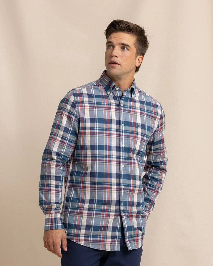 Southern Tide Southern Shores Plaid Skipjack Long Sleeve Sport Shirt: Dress Blue