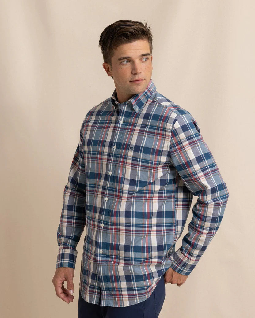 Southern Tide Southern Shores Plaid Skipjack Long Sleeve Sport Shirt: Dress Blue