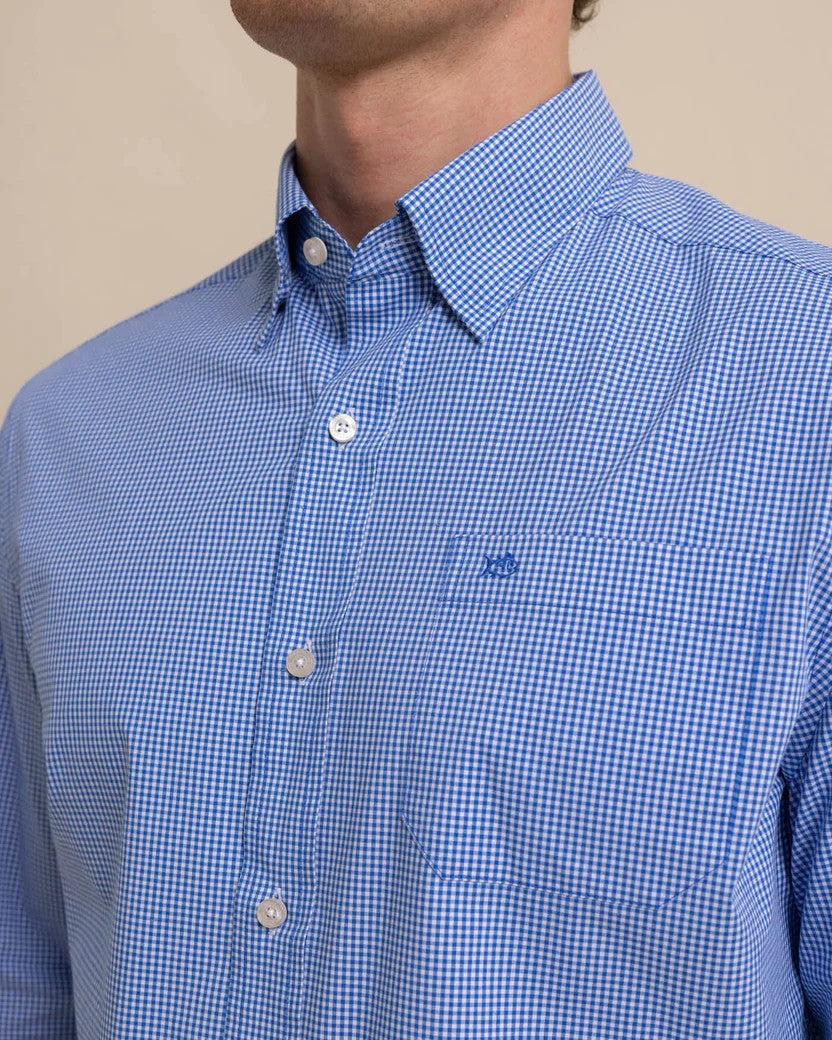 Southern Tide Charleston Parkwood Micro-Gingham Long Sleeve Sport Shirt: Cobalt Blue